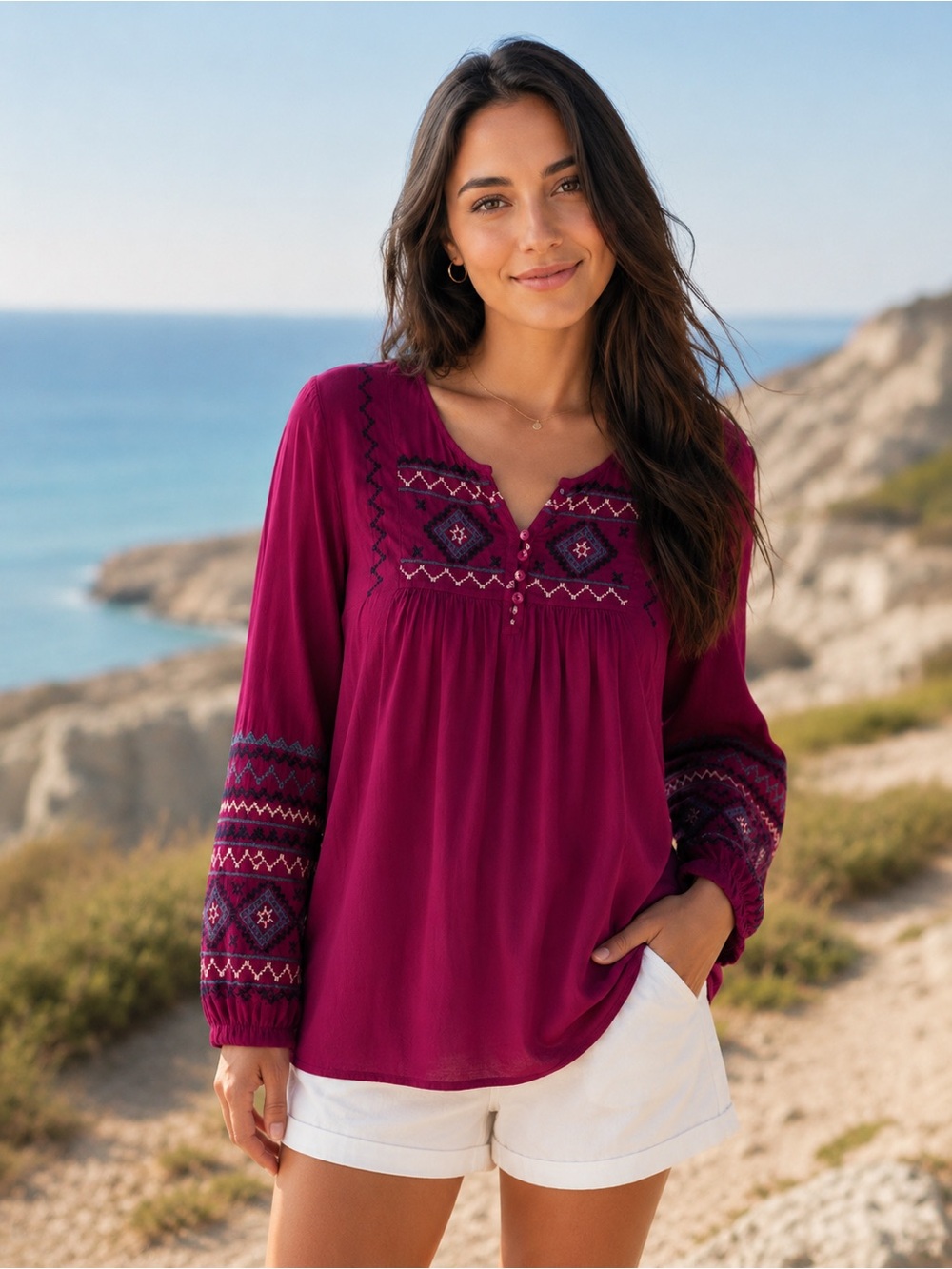 Embroidered Split-Neck Peasant Tunic - Raspberry